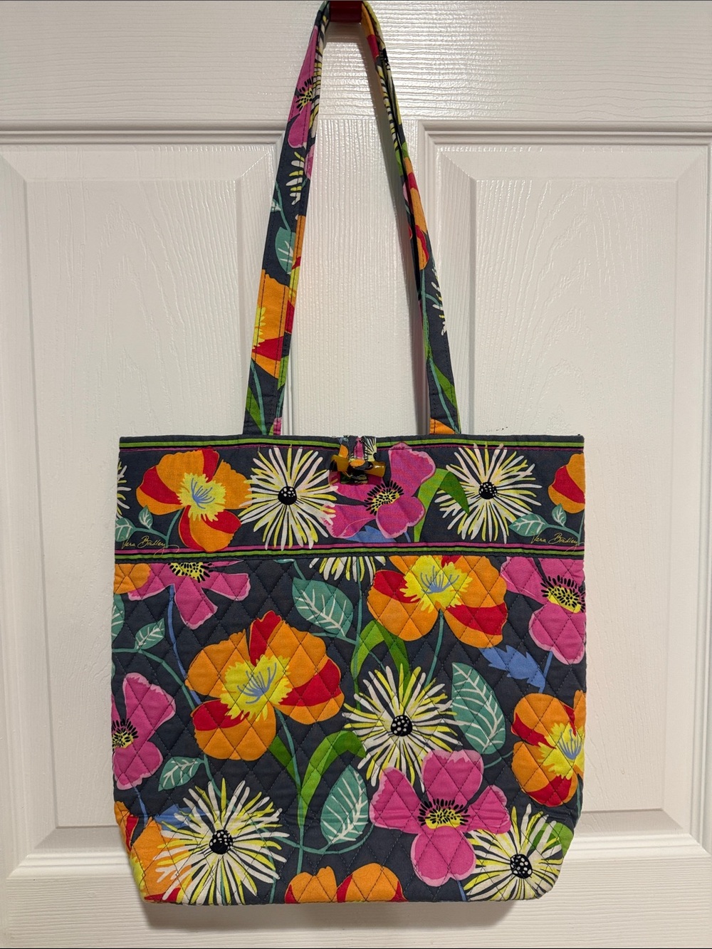 Vera Bradley Quilted Floral Tote in Navy with Multicolor Blooms- like New